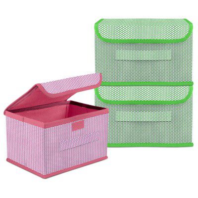 Kuber Industries Drawer Storage Box | Dhakkan Storage Box | Non-Woven Clothes Organizer For Toys | Foldable Storage Box with Handle | Small | Pack of 3 | Green & Pink