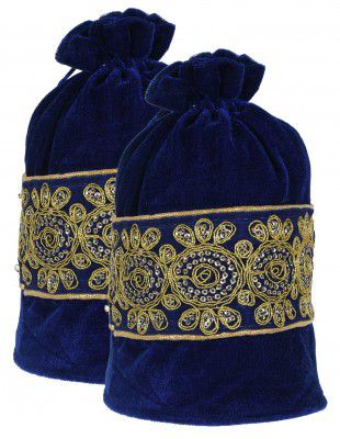 Kuber Industries Embroidered Design Potli Bags Handbags for Women Gifting Wristlets for Wedding, Festival, Kitty Subh Shagun-Pack of 2 (Blue)