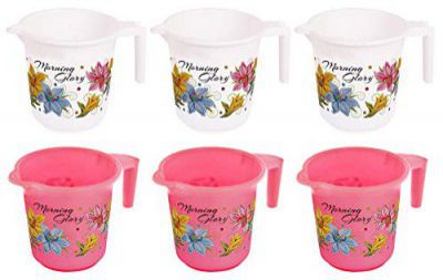 Kuber Industries Floral Print 6 Pieces Unbreakable Strong Plastic Bathroom Mug, 500 ML (Pink & White)-KUBMART10286