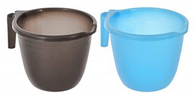 Kuber Industries Multiuses Lightweight, Unbreakable Plastic Bathroom Mug 1 litre Pack of 2 (Black & Sky Blue)-46KM0222, Standard