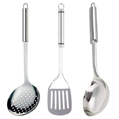 Kuber Industries Multiuses Serving & Cooking Stainless Steel Kitchen Tool & Utensil, Set of 3 (Skimmer & Solid Turner & Ladle) (Silver)