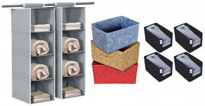 Kuber Industries Organizer Box (Blue & Red & Beige, 42 x 29 x 22 cm), Set of 3 & 4 Piece Organizer Set, Black & KUBMART15322 Foldable Hanging 4 Cloth Organizer (Grey)-Pack of 2