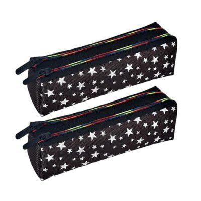 Kuber Industries Pencil Pouch | Rexine Stationary Pouch | Pencil Utility Pouch | School Pencil Case for Kids | 2 Zipper Pencil Organizer | Star Pencil Pouch | Pack of 2 | Black