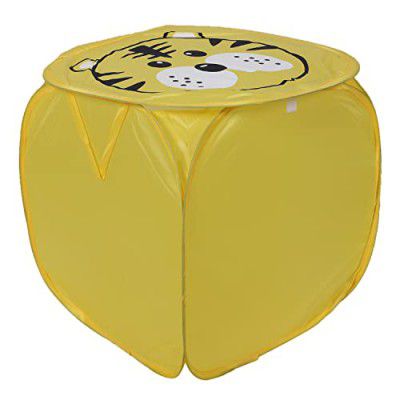 Kuber Industries Polyester Durable & Collapsible Tiger Print Square Laundry Basket|Clothes Storage Box With Lid & Side Handles,45 Ltr.(Yellow)