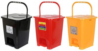 Kuber Industries Premium Plastic Pedal Dustbin 10 Ltr (Black & Red & Yellow)-Pack of 3