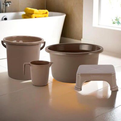 Kuber Industries Set of 4 Bathroom Combo Set | Bathing Set | Bathware Set | Tub-Bucket-Mug & Stool Combo | Brown