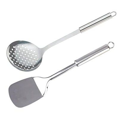 Kuber Industries Spatula & Skimmer|Stainless Steel Serving Set|Nonstick Cooking Set|Utensils Cookware Gadgets for Kitchen|Pack of 2 (Silver)