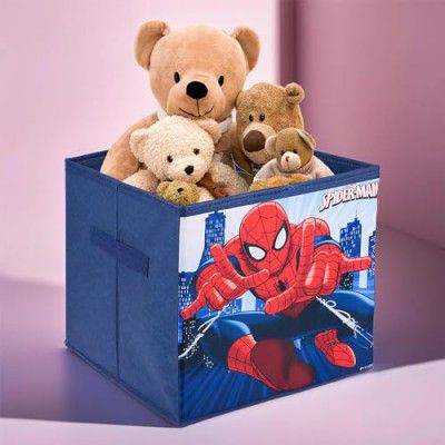 Kuber Industries Storage Box | Square Toy Storage Box | Wardrobe Organizer for Clothes-Books-Toys-Stationary | Drawer Organizer Box with Handle | Marvel Spiderman | Navy Blue