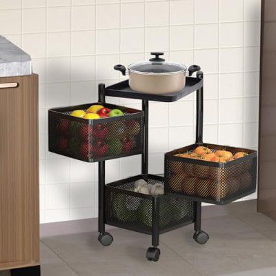 Kuber Industries Storage Rack | 3-Layer Square Multipurpose Storage Trolley with Wheels | Revolving Vegetable Kitchen Rack | Kitchen Cabinet Spice Rack | Metal Fruit Storage Rack | Black