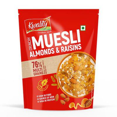 Kwality Muesli Crunchy 100g | 76% Multi Grains, Almond, Raisins & Honey | Natural Source of Vitamin & Iron 