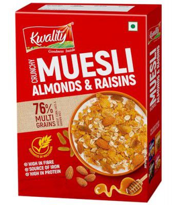 Kwality Muesli Crunchy 400g | 76% Multi Grains, Almond, Raisins & Honey | Natural Source of Vitamin & Iron | High in Protein & Fiber | Low Fat & Cholesterol free | Healthy Food & Breakfast Cereal