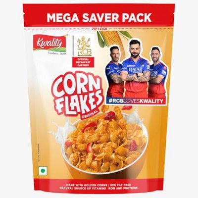 Kwality RCB Corn Flakes 800g | Made with Golden Corns | 99% Fat Free, Natural Source of Vitamin & Iron | Healthy Breakfast Cereal