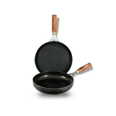 Kyyte Sheet Metal Iron Set of 2 Pcs- 1 Flat Tawa 23 cm with Wooden Long Handle and 1 Frying Pan/Skillet- 24 cm Dia with Wooden Long Handle