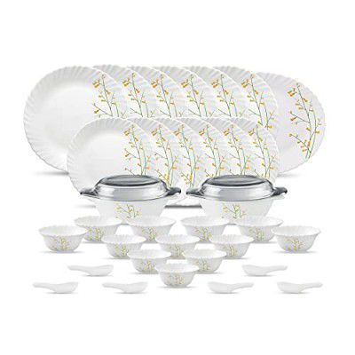 La Opala Diva Classique Collection Opal Glass Crockery | for Family of 6 | Dinner Set 35 pcs Citron Weave | Extra Strong | White