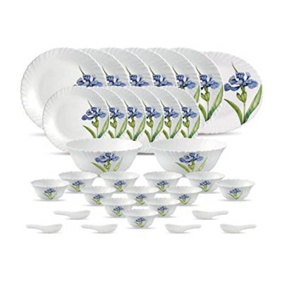 La Opala Diva, Classique Collection, Opal Glass Dinner Set 33 pcs, Royal Iris, White