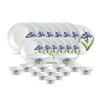 La Opala Diva, Classique Collection, Opal Glass Dinner Set 27 pcs, Royal Iris, White