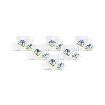 La Opala Diva, Opal Glass Cup & Saucer Set Victoria 12 pcs, Royal Iris, White