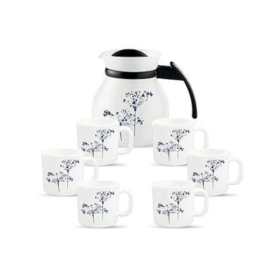 La Opala, Melody Collection, Opal Glass Coffee Set 7 pcs, Aqua Spray, White