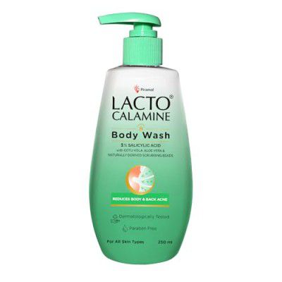 Lacto Calamine 1% Salicylic Acid Body Wash | 250ml | For Body Acne, Back Acne, Rough & Bumpy Skin |Cica, Aloe Vera, Turmeric & Natural Scrub Beads | Paraben Free | Body Wash Shower Gel For Men & Women