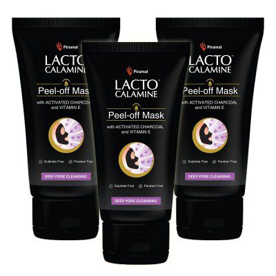 Lacto Calamine Face Peel Off Mask with Activated Charcoal & Vitamin E for Deep Pore Cleansing, Removing Black & Whiteheads & Fresh Glowing Skin, No Parabens & Sulphates, 60 g, Pack of 3