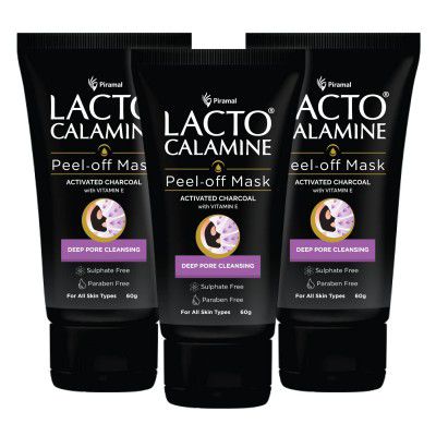 Lacto Calamine Face Peel Off Mask With Activated Charcoal & Vitamin E For Deep Pore Cleansing, Removing Black & Whiteheads & Fresh Glowing Skin, No Parabens & Sulphates, 60 G, Pack Of 3