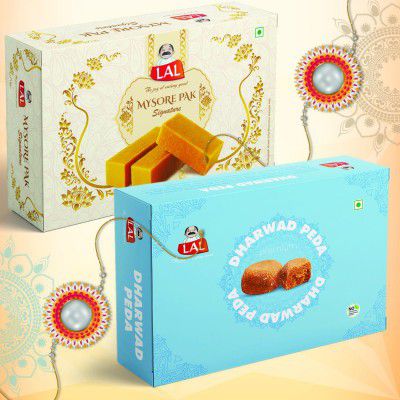 Lal Sweets Combo Pack of Mysore Pak Signature 400g and Dharwad Peda 400g Gift Pack | Lal Sweets Rakhi Gift Hamper | Festive Joy | Mysore Pak Signature 400g and Dharwad Peda 400g | Free Rakhi | Desi Co