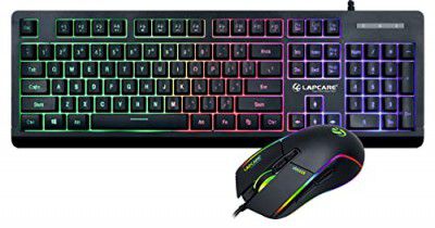 LAPCARE Champ LGC-012 Braided Wire USB Gaming Keyboard and Mouse Set, Membrane Backlit,Customized RGB Lights & 7D USB Mouse with 8000 DPI, Black