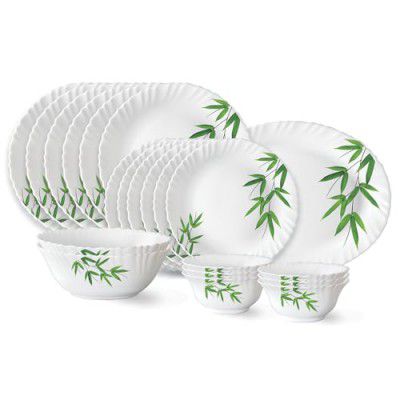 Larah by Borosil Bamboo Leaves Fluted Series Opalware Dinner Set | 21 Pieces for Family of 6 | White