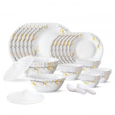 Larah by Borosil Bella Silk Series Opalware 35 Pieces Dinner Set, Opal Glass Dinner Plates & Bowls, Crockery Set for Dining (White)