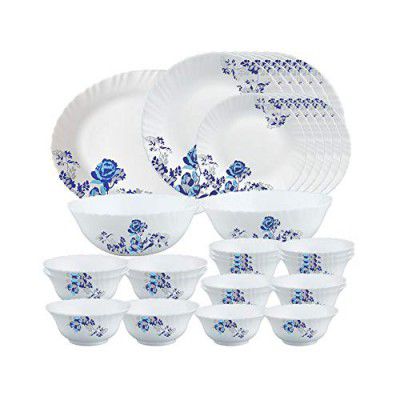 Larah by Borosil Blue Cascade Opalware Dinner Set, 33-Pieces, White