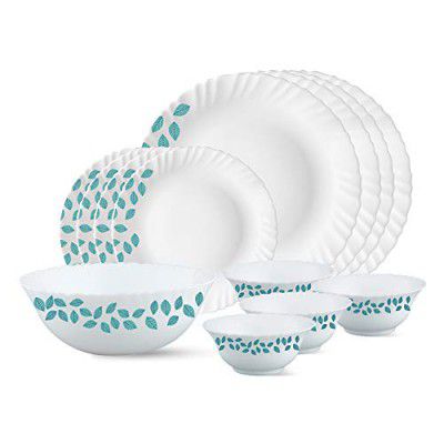 Larah by Borosil Blue Leaves Opalware Dinner Set, 13-Pieces, White