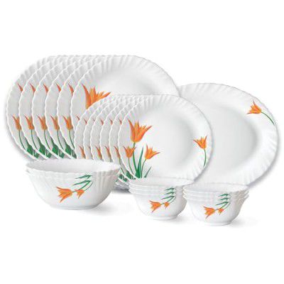 Larah by Borosil Firefly Fluted Series Opalware Dinner Set | 21 Pieces for Family of 6