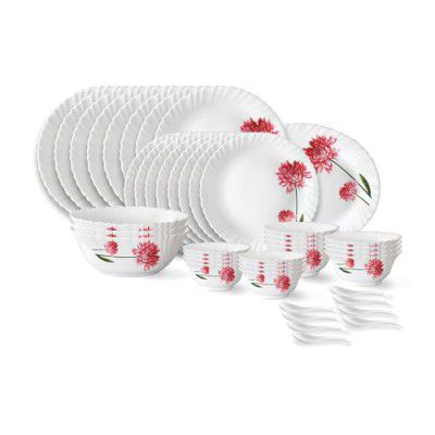 Larah by Borosil Fluted Belle Dinner Set 44 Pieces, Opal Glass Dinner Plates & Bowls Crockery Set for Dinning, White