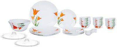 Larah by Borosil Fluted Firefly Dinner Set 40 Pieces, Opal Glass Dinner Plates & Bowls Crockery Set for Dinning, White