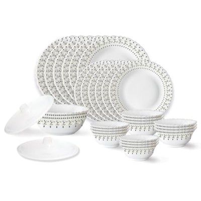 Larah by Borosil Fluted Ora Gold Dinner Set 28 Pieces, Opal Glass Dinner Plates & Bowls Crockery Set for Dinning, White