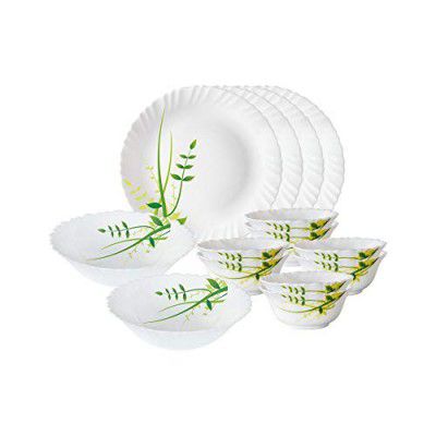 Larah by Borosil Fluted Series Green Herbs Opalware Dinner Set | 14 Piece for Family of 4 | Plates & Bowls | White