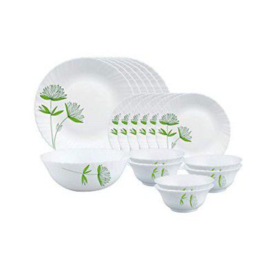 Larah by Borosil Fluted Series Green Lily Opalware Dinner Set | 19 Piece for Family of 6