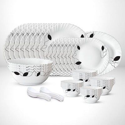 Larah by Borosil Fluted Shadow Dinner Set 44 Pieces, Opal Glass Dinner Plates & Bowls Crockery Set for Dinning, White