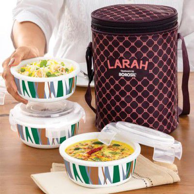 Larah by Borosil Geo Green Lunch Box with Lunch Bag, Tiffin Box for Office for Men, Lunch Box for Women, 3 x 400 ml containers, Round, Microwave-Safe Lunch Box