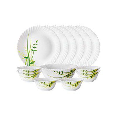 Larah by Borosil Green Herbs Opalware Dinner Set, 13 Pieces, White