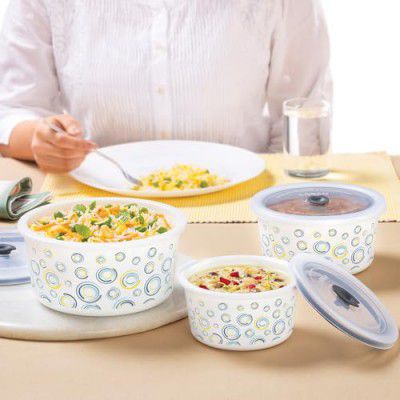 Larah by Borosil Jupiter Storage Bowls with Lids, 400 ml+800 ml+1.2 L, 3 Opal Glass Containers with Lid, Airtight Container Set for Kitchen, Microwave and Dishwasher Safe Kitchen Containers