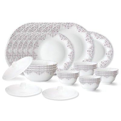 Larah by Borosil Lark Fluted Series Opalware Dinner Set | 31 Pieces for Family of 6 | Microwave & Dishwasher Safe | White