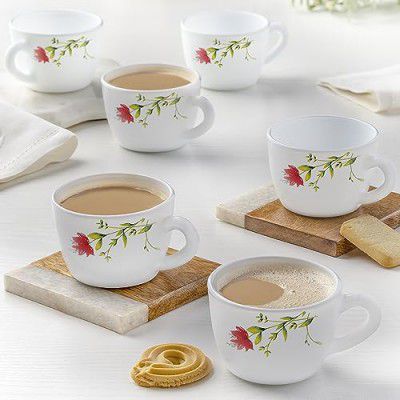 Larah by Borosil Oriental Opalware Cup Set of 6 pcs | Tea/Coffee Cups 140 ml | Microwave & Dishwasher Safe, White