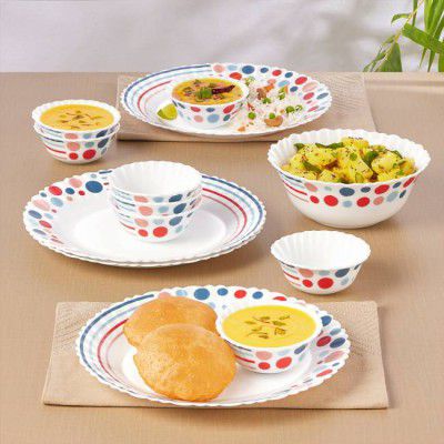 Larah by Borosil Pack of 13 Opalware Pastel Dinner Set Dinner Set  (White, Microwave Safe)