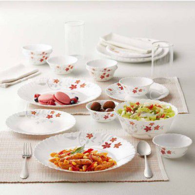 Larah by Borosil Pack of 13 Opalware ROSALIE Dinner Set (White, Red, Microwave Safe)