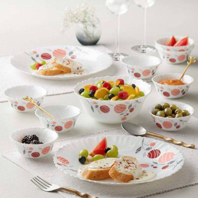 Larah by Borosil Pack of 17 Opalware Dahlia Galaxy Series Crockery for Dining & Gifting Dinner Set  (White, Pink, Microwave Safe)