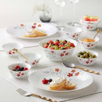 Larah by Borosil Pack of 17 Opalware Rosalie Galaxy Series Crockery for Dining & Gifting Dinner Set  (White, Red, Microwave Safe)