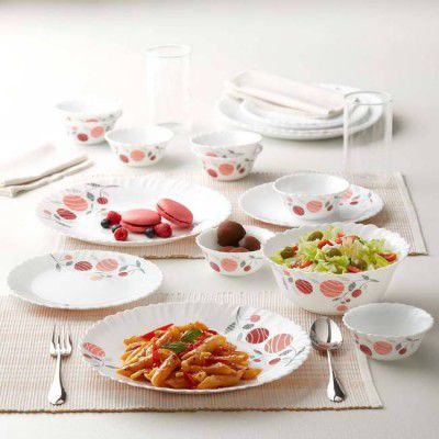 Larah by Borosil Pack of 44 Opalware Dahlia Galaxy Crockery Set for Dining & Gifting, Plate & Bowl Dinner Set  (White, Pink, Microwave Safe)