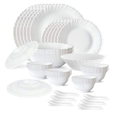 Larah by Borosil Plain White Silk Series Opalware Dinner Set | 35 Pieces for Family of 6 | Microwave & Dishwasher Safe | Bone-Ash Free | Crockery Set for Dining & Gifting | Plates & Bowls | White