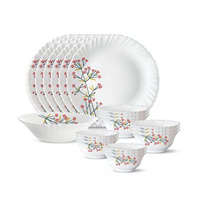 Larah by Borosil Red Bud Silk Series Opalware Dinner Set | 19 Pieces for Family of 6